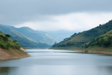 Fototapeta premium hydroelectric dam in laos under overcast sky framed by natural curves