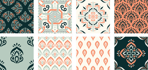 Collection of Moroccan style seamless pattern. Creative mediterranean interior design. Ethnic ornament swatch set. Azulejos tiles vector illustration. Modern Spanish talavera.