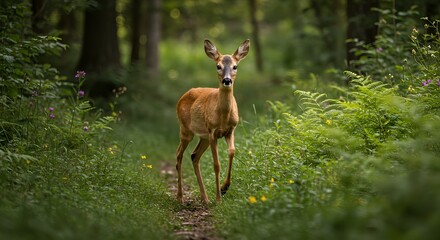 Fototapeta premium * Alert Roe Deer Fawn in a Sunny Meadow * Cute Young Deer Standing in Green Grass * Curious Fawn Looking at the Camera * Beautiful Roe Deer Calf in Springtime Field * Innocent Wild Deer in a Natu