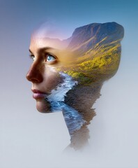 Double exposure portrait of woman with mountain landscape