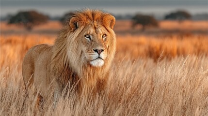 Obraz premium Majestic lion stands proud in golden hour savannah nature photography serene environment close-up