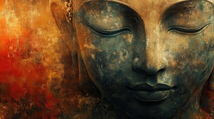 Buddha statue close-up with textured background, serene expression, tranquil artwork