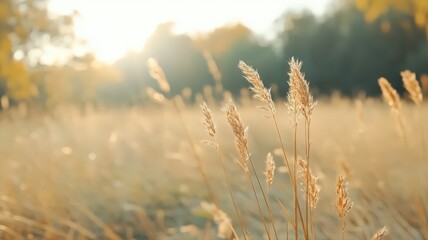 Golden Wheat Field Illuminated by Warm Sunset Light with Blurred Background of Trees in an Idyllic Rural Landscape in Late Afternoon