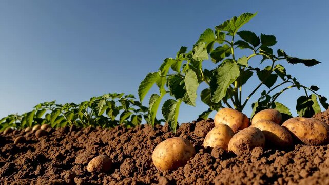Growing potatoes in rich soil with green plants under clear blue sky