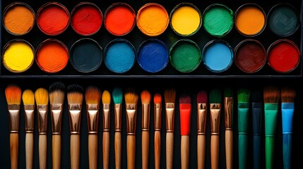 Vibrant Watercolor Paint Set and Paintbrushes on Dark Background