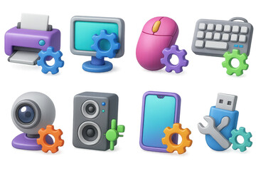 3d device setup icons set – printer, monitor, mouse, keyboard, webcam, speaker, phone, usb. 3D icon set