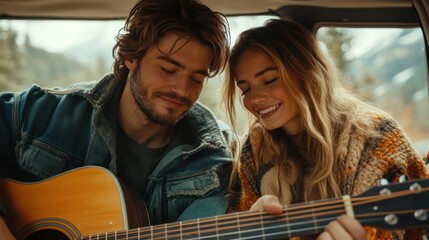 Couple Playing Guitar Inside Van
