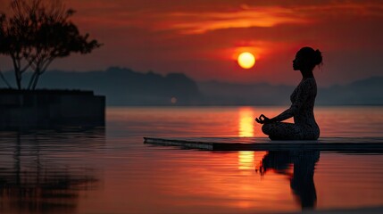 Yoga practitioner meditates at sunrise by serene water calm reflection tranquil viewpoint peaceful concept