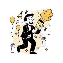 Vector illustration of a joyful man popping a confetti cannon surrounded by balloons, music notes, and cheering hands. Great for festive web pages