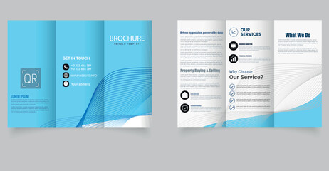 Light Blue Trifold Brochure with Wave Lines Modern Business Consulting Template. Editable image. Vector