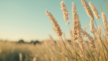 Fototapeta premium Golden Wheat Stalks in Sunlit Field Under Clear Blue Sky a Serene Scene of Summer Harvest in Warm Outdoor