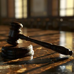 Dunkler Richterhammer auf gl&auml;nzendem Marmortisch im Gerichtssaal &ndash; Symbol f&uuml;r Urteilskraft  
