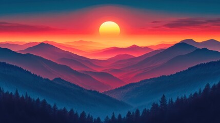 Mountain Sunset Landscape with Forest