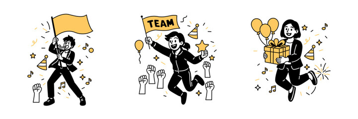 Vector set of happy people celebrating success with flags, gifts, and team spirit