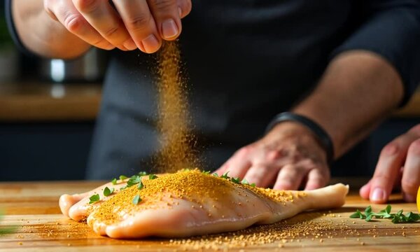 Chef Seasoning Raw Chicken Breast with Spices