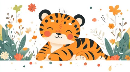 Cute Tiger Cub Illustration with Flowers