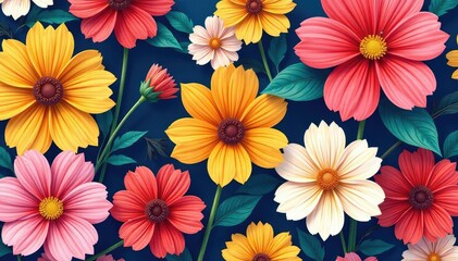 Bold large-scale floral blossom pattern on vibrant background, red, yellow, spring