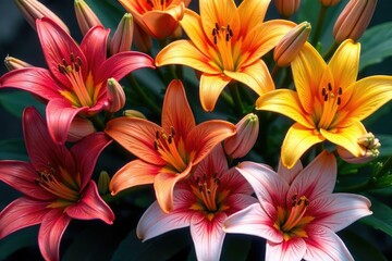 Bold stylized lilies, vibrant color, dense arrangement , bright, contemporary, overlay