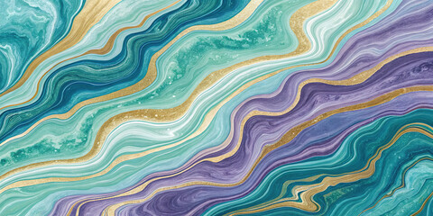 Fototapeta premium Abstract art featuring swirling teal, purple, and gold liquid patterns creating a luxurious marble effect.