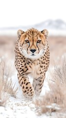 A cheetah with piercing yellow eyes walks towards the camera in a snowy field