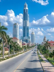 A city street lined with palm trees leads to a modern skyscraper under a vibrant blue sky