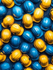 A close-up shot of a pattern of blue and yellow hard hats arranged in alternating colors on a dark background