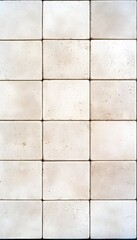 A close-up shot of a wall made of off-white square tiles, with faint brown specks of dirt visible