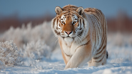 Fototapeta premium A close-up shot of a tiger confidently walking through a snow-covered landscape, radiating strength and grace.