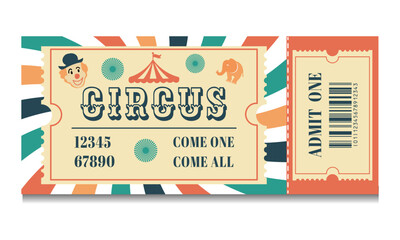 Vintage circus ticket illustration with clown face, tent, elephant, and bold typography. Retro design with colorful borders, barcode, and admission details. Perfect for events and posters.Vector. © loli