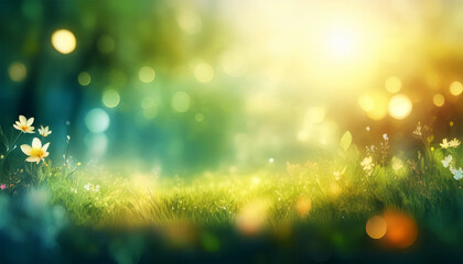 blurred spring or summer season abstract nature background with lots of bokeh and a bright center spotlight ai generative