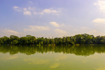 Serene River Reflection with Lush Green Treeline and Blue Sky