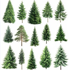 Obraz premium Collection of Evergreen Trees Isolated White Background Various Coniferous Species Nature fir set