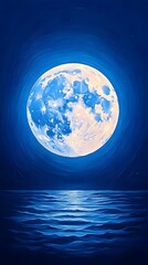A full moon hangs high in the night sky, reflecting off a calm, blue ocean