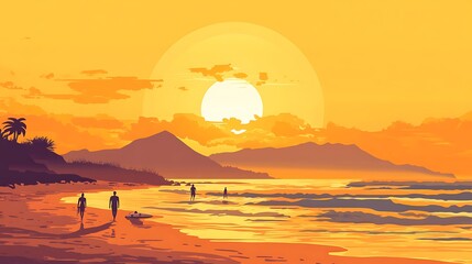 Sunset Beach Walk with Tropical Coast.