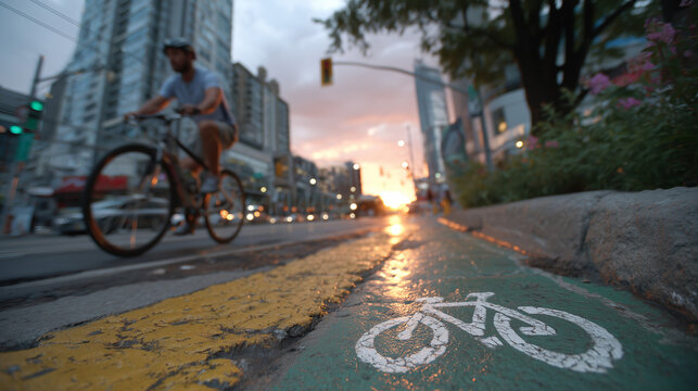 A cyclist rides along a bike lane with a glowing sunset and a busy city street in the background, evoking a sense of urban movement.