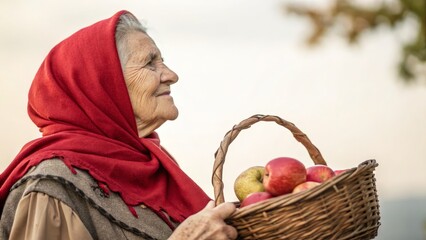 Elderly Woman with Red Shawl and Basket of Apples,Autumn Harvest, Profile Portrait, Rustic, Apple Picking Apple Picking, Harvest