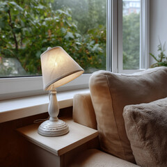 A charming living room scene with a lit lamp casting a soft glow next to a plush sofa, creating a tranquil and inviting atmosphere.