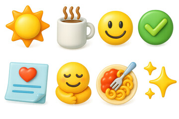 Y2k gratitude vibes icons set – sun, coffee, smile, check, note, hug, pasta, sparkle. 3D icon set
