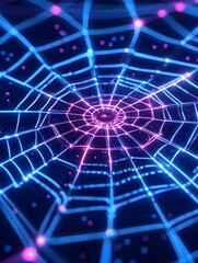 Obraz premium A mesmerizing, digital spiderweb, glowing with neon blue and pink lights, against a dark, pixelated background