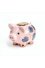 A pink ceramic piggy bank with a floral design in shades of blue and gold