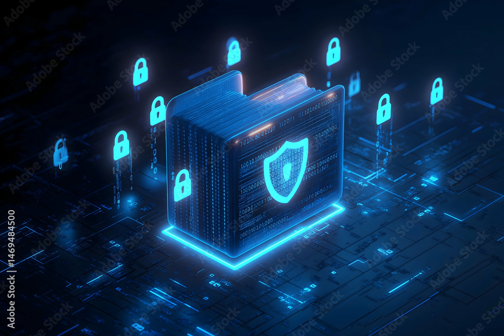 Aufkleber a glowing digital folder with a shield icon is surrounded by padlocks, symbolizing cybersecurity and