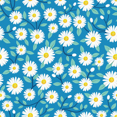 Obraz premium A seamless floral pattern featuring charming white daisy flowers with yellow centers, surrounded by soft green leaves, set against a bright blue background.