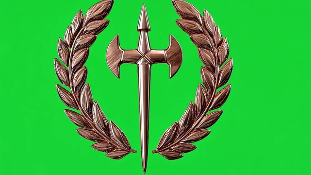 Bronze spear with laurel wreath emblem on vibrant green background for creative design and branding projects