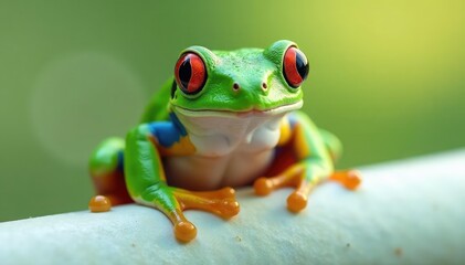 Naklejka premium Green tree frog perched on white, vibrant skin, stock photo, green frog