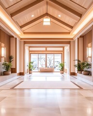 Fototapeta premium A spacious, well-lit lobby with a vaulted ceiling and large windows overlooking a serene outdoor scene