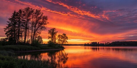 Obraz premium Fiery Sunset Landscape Silhouetted Trees Reflecting in Calm Lake Waters, Vibrant Sky, Nature Photography, Sunset, Lake Sunset, Landscape