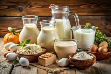 dairy products on a wooden table
