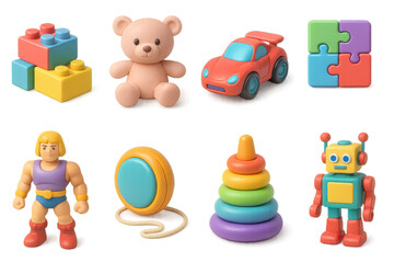 Fototapeta premium Retro toy icons set – blocks, teddy, car, puzzle, action figure, yo-yo, stacking rings, robot. 3D icon set