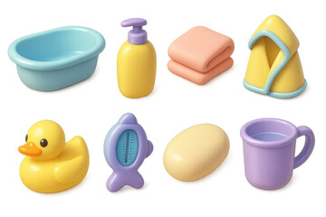 Fototapeta premium Y2k baby bath icons set – tub, lotion, towels, bathrobe, duck, thermometer, soap, mug. 3D icon set