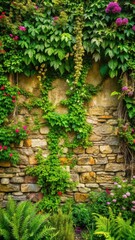 stone wall covered in lush greenery